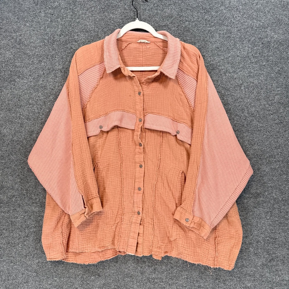 POL Shirt Womens Large Orange Mixed Media Gauze Waffle Knit Boho Oversized